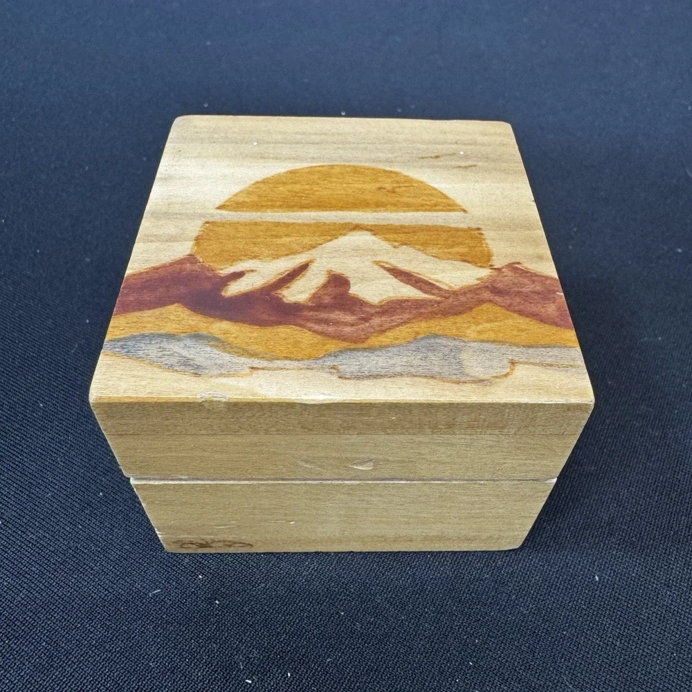 Small Vintage Wooden Box‎ With Sun & Mountain